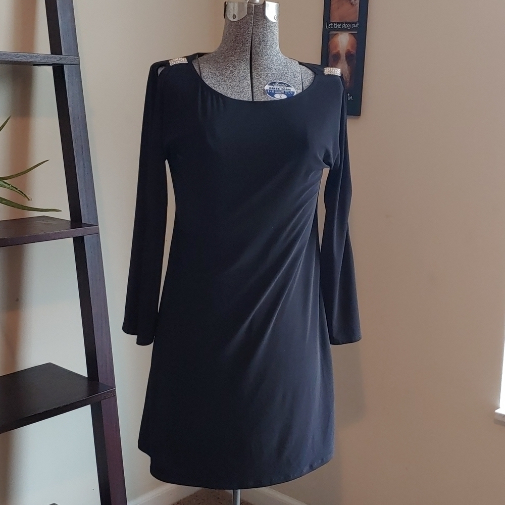 Nik and Nash Black Split Bell Sleeve Dress Rhinestone Shoulder Accent - Picture 2 of 9